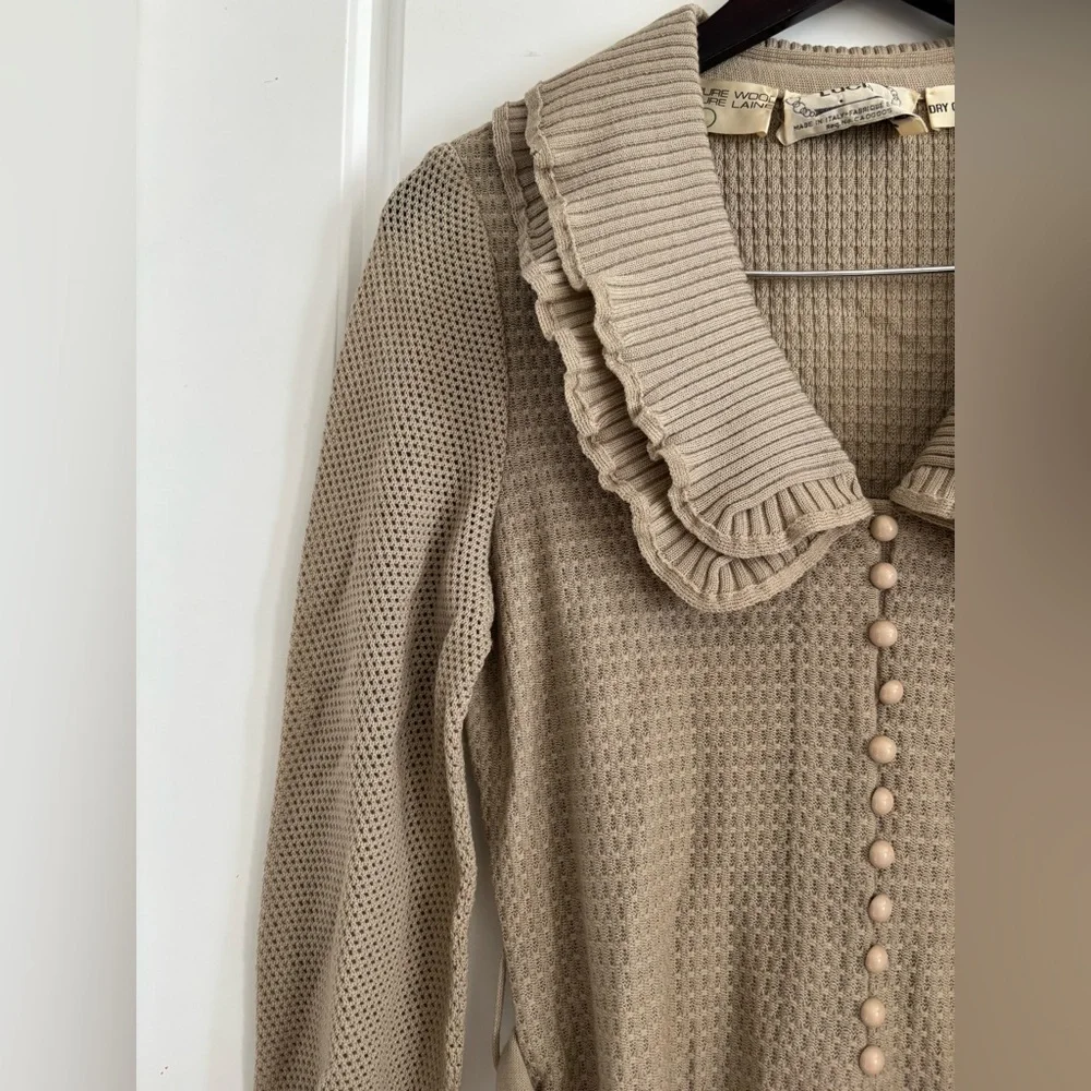 Vintage 100% Pure Wool Midi Dress Bib Collar Neutral French Sezane Vibes S M - Picture 6 of 7
